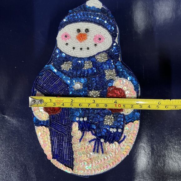 Vintage Satin‎ Beaded CHRISTMAS SNOWMAN Blue GIFT Trinket Candy Jewelry Box -D10 - Picture 5 of 7